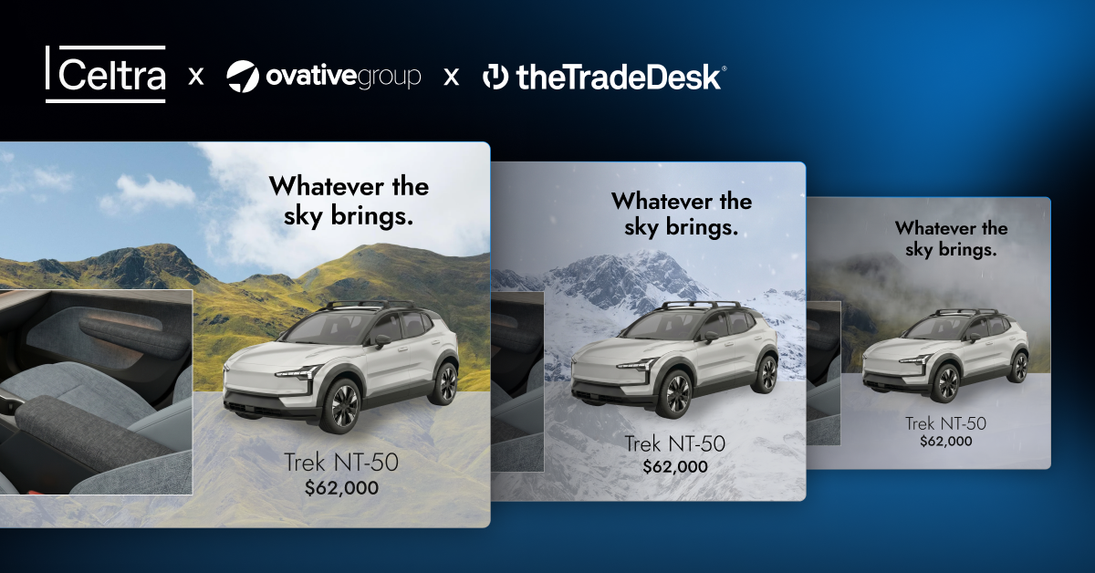 Three variations of a programmatic Connected TV (CTV) ad layout for an automotive brand featuring weather-targeted backgrounds (sunny hills, snowy mountains, rainy landscape) with the headline 